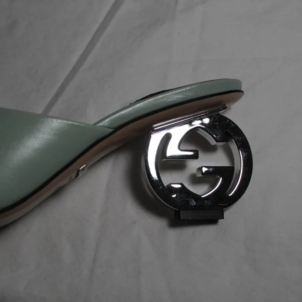 NWB Gucci Interlocking GG Heel Sandals Mules Slip Ons Slides Argento 39.5 772569 - Picture 3 of 9